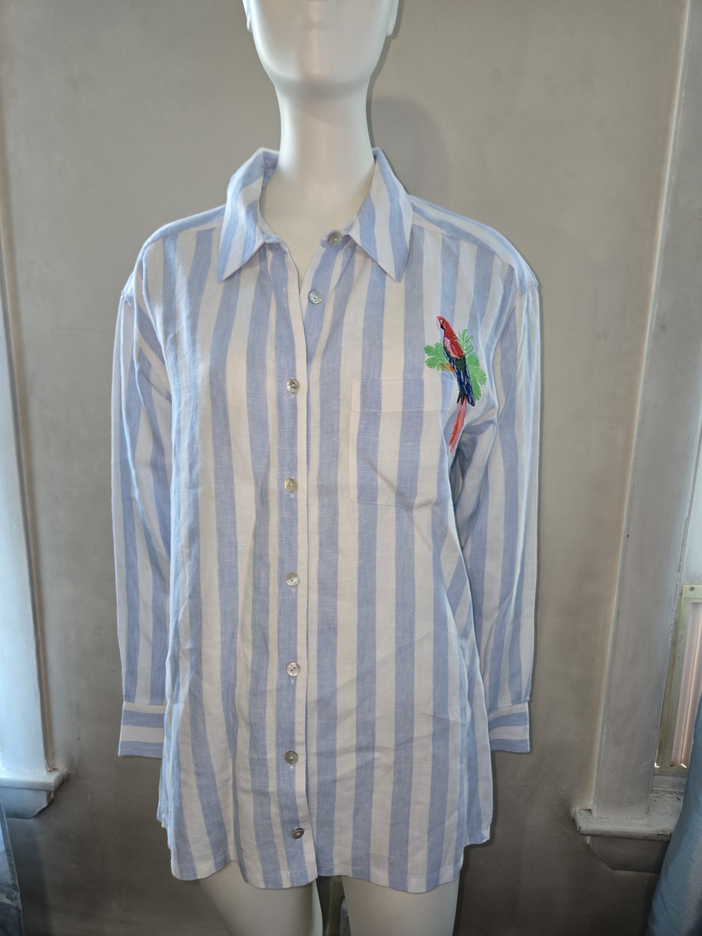 Striped Blue and White Cotton Button-Up Shirt with Parrot Embroidery - Picture 2 of 7